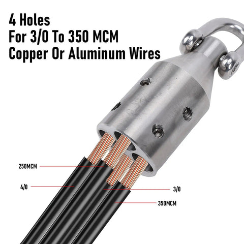 Beefy Heavy Duty Wire Pulling Attachment With 4000 Lbs Max Pull Strength For Copper And Aluminum Cables From Three Zero To Three Hundred Fifty MCM, showing stainless steel puller and cable holes.