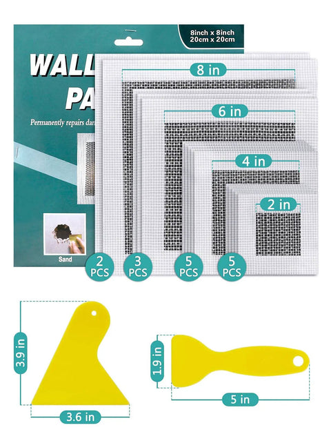 15-Piece Drywall Repair Kit With Self Adhesive Fiberglass Mesh Patches In 2, 4, 6, 8 Inch Sizes, Aluminum Plate Patches And Scraper Tools