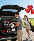 Man using Golf Trunk Organizer With Two Layer Storage And Separate Compartment For Two Pairs Of Shoes, woman holding red balloons