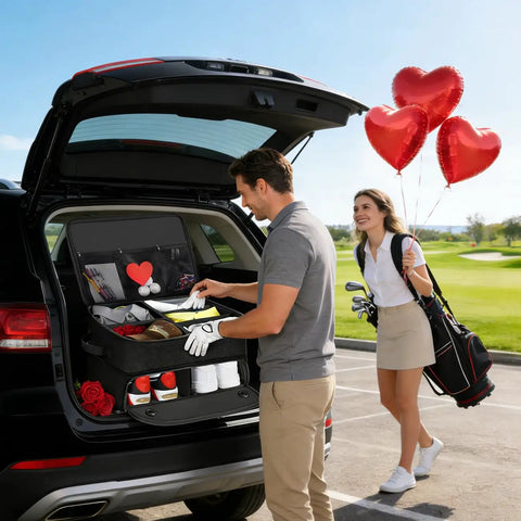 Man using Golf Trunk Organizer With Two Layer Storage And Separate Compartment For Two Pairs Of Shoes, woman holding red balloons