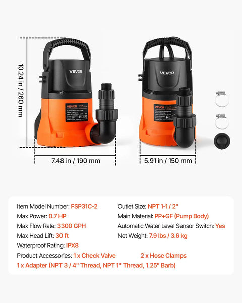 Heavy Duty Submersible Water Pump Delivers Knockout 3300GPH Flow With Zero Point Seven HP Motor shown with dimensions and features.