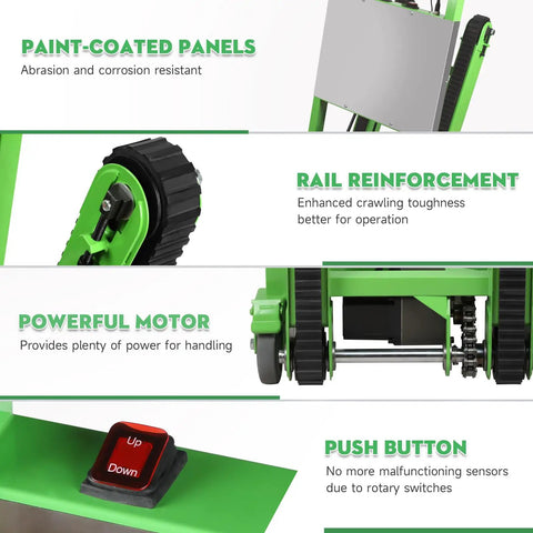 Close-up of Heavy Duty Electric Stair Climbing Dolly With 1250W Motor And 900 Lb Load Capacity features including paint-coated panels and push button.
