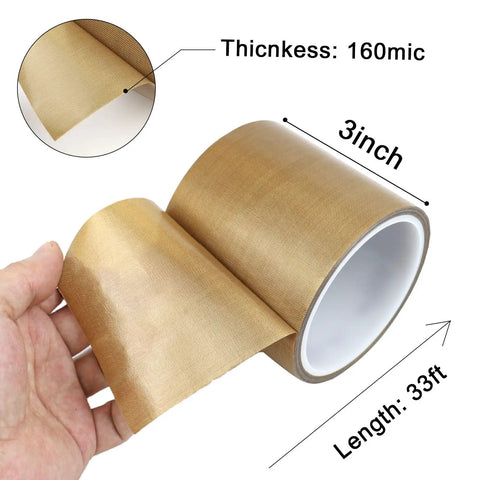 High Temperature PTFE Coated Glass Cloth Tape 3 Inch By 33 Feet 0 18mm in hand showing roll thickness and size details