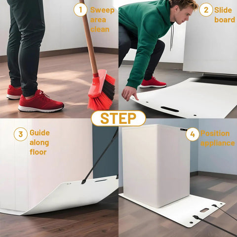 Premium Appliance Moving Sliders With Pull Strap For Tile And Hardwood Floors in use for moving heavy appliances