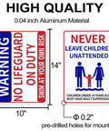 Two Pack Aluminum Pool Safety Signs 10 By 14 Inches Outdoor Decor No Lifeguard On Duty Swim At Your Own Risk Never Leave Children Unattended Weatherproof Durable Pool Sign Set displaying warning messages