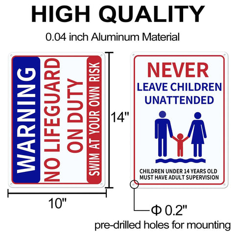 Two Pack Aluminum Pool Safety Signs 10 By 14 Inches Outdoor Decor No Lifeguard On Duty Swim At Your Own Risk Never Leave Children Unattended Weatherproof Durable Pool Sign Set displaying warning messages