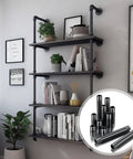 66 Piece Half Inch Black Metal Pipe Nipples Set With 11 Size Assortment, Six Each, used in DIY shelving project with decor.