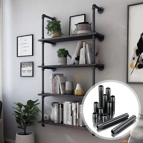 66 Piece Half Inch Black Metal Pipe Nipples Set With 11 Size Assortment, Six Each, used in DIY shelving project with decor.