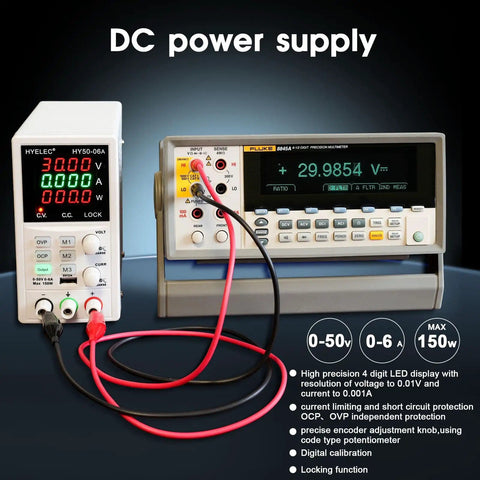 Variable DC Power Supply Pro Grade 0 To 50V 0 To 6A 150W with LED display and cables displayed in laboratory setting