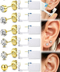 All In One Ear Piercing Kit With Disposable Piercing Guns And Cubic Zirconia Stud Earrings Eight Guns Three Styles Of CZ Earrings And 3mm Ball Ear Studs Cleaning Wipes For Safe At Home Piercing Gold, gold CZ stud gun