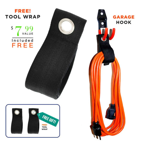 12 Pack Heavy Duty Garage Wall Hooks With Extension Cord Straps displaying free tool wrap and orange cord on hook