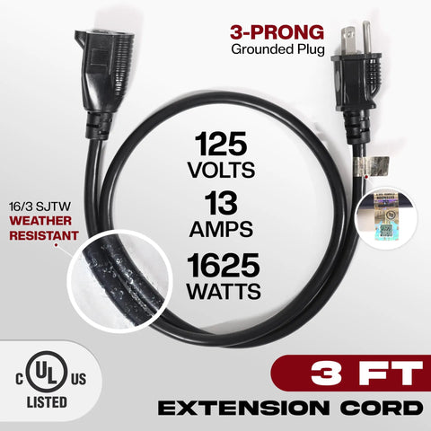 2-Pack 3ft Black Extension Cords 16 3 SJTW Heavy Duty Power Cable UL Listed Weather Resistant For Indoor Outdoor Use 13 Amp 1625 Watt Capacity 3 Prong Single Outlet, 3 ft black cord