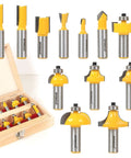 Router Bits Set 15 Piece Half Inch Shank Pro Grade Carbide Tipped Kit with wooden case, showcasing various router bits.
