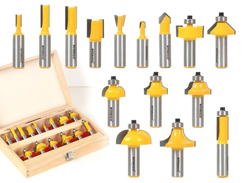 Router Bits Set 15 Piece Half Inch Shank Pro Grade Carbide Tipped Kit with wooden case, showcasing various router bits.