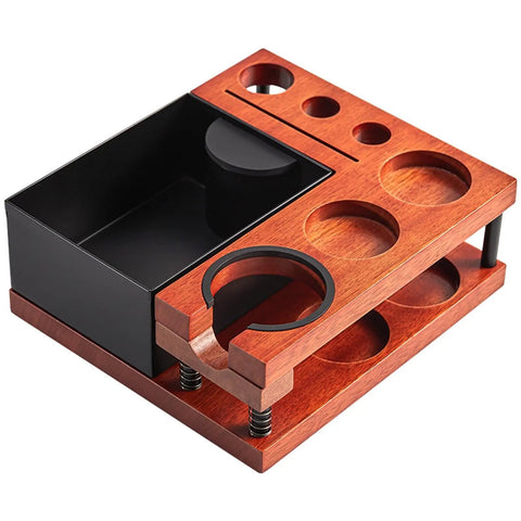 Solid Walnut Coffee Tamping Station And Espresso Knock Box Featuring Double Layer Accessory Storage Fits 51 54 58mm Portafilters. Close-up view showing removable knock box and integrated accessory storage.