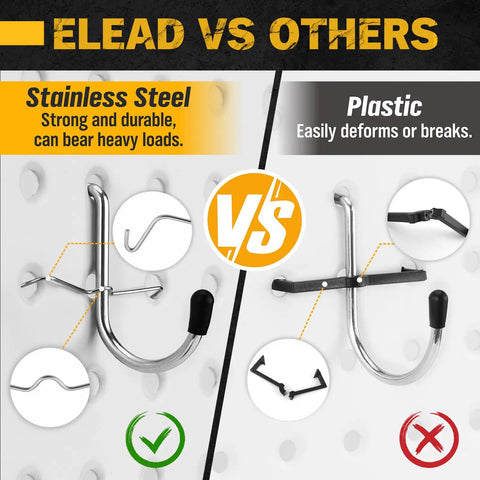 Comparison of stainless steel vs plastic pegboard hooks from the 260 Piece Pegboard Hook And Bin Organizer Kit.
