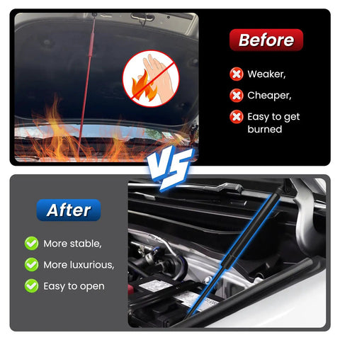Comparison of Toyota Hood Struts For Tacoma 2024 2025 2026 And 4Runner 2025 2026 No Drill Hood Lift Support with old prop rod.