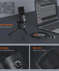 USB Condenser Microphone For Mac And Windows, Plug And Play Cardioid USB Mic with metal tripod stand and 5.9 ft cable next to laptop setup