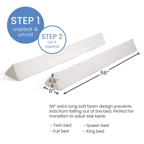 Two Pack Extra Long Foam Bed Bumpers For Toddlers And Kids Expands To 56 Inch Coverage After Unrolling, shown with dimensions