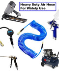 Recoil Polyurethane Air Hose For Air Compressor One Quarter Inch Inner Diameter Fifty Feet Long, blue self-coiling hose among tools