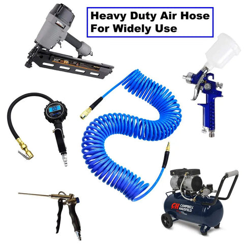 Recoil Polyurethane Air Hose For Air Compressor One Quarter Inch Inner Diameter Fifty Feet Long, blue self-coiling hose among tools