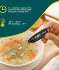 Hand using Six Pack Waterproof Digital Food Thermometers With Long Probes, Instant Read, Perfect For Water, Liquids, Candles And Cooking, Kitchen BBQ Grill Candy Thermometer, Black to check soup temperature