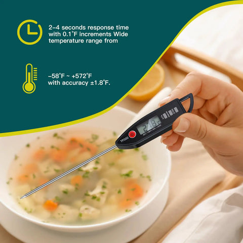 Hand using Six Pack Waterproof Digital Food Thermometers With Long Probes, Instant Read, Perfect For Water, Liquids, Candles And Cooking, Kitchen BBQ Grill Candy Thermometer, Black to check soup temperature