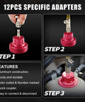 Cooling System Radiator Coolant Pressure Leak Tester Manual Hand Pump Gauge 14 Piece showing 12 piece adapter steps with aluminum construction.
