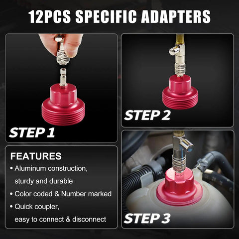Cooling System Radiator Coolant Pressure Leak Tester Manual Hand Pump Gauge 14 Piece showing 12 piece adapter steps with aluminum construction.