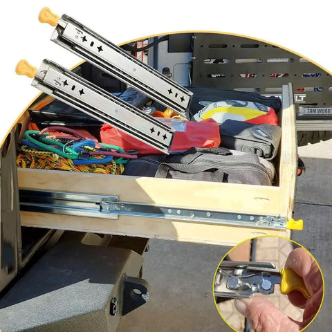 Locking Drawer Slides 10 To 60 Inch Full Extension With Metal Ball Bearing Tracks 264 Lb Capacity in cabinet installation