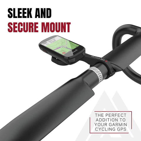 Carbon Finish Garmin Bike Mount For Edge 530 And 830 And Other Models, shown on handlebars with GPS screen visible.