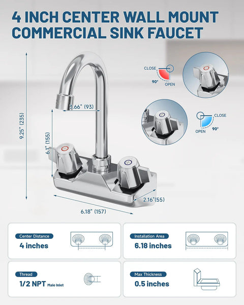 Commercial Wall Mount Kitchen Faucet With Two Handles 4 Inch Center Set Swivel Gooseneck Spout Chrome Finish diagram