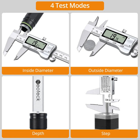 6 Inch Stainless Steel Digital Caliper With Feeler Gauge Set For Inside Outside Depth And Step Measurements, 0.001 Inch Precision, 0 to 6 Inch Range, LCD Display, Easy Read, Handy Machinist Tool For DIY Projects. 4 test modes shown for inside, outside, depth and step