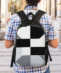 Slick Black And White Piano Grid Laptop Backpack Crafted From Heavy Duty Waterproof Oxford Cloth With Ultra Plush Straps for daily use.