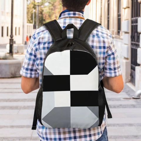 Slick Black And White Piano Grid Laptop Backpack Crafted From Heavy Duty Waterproof Oxford Cloth With Ultra Plush Straps for daily use.