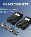 Three Pack 310MHz Delta 3 Garage Door Remote With 8 Dip Switches Replacement Compatible With Delta 3 DTC DTA DTD DNT00002A Models including 2 remotes, pre-installed batteries, visor clips, and user manual on blue background.