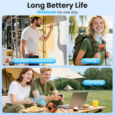 Rechargeable Portable Personal Waist Fan With 10000mAh Battery, 5 Speeds, 13500RPM, used in construction, hiking, camping
