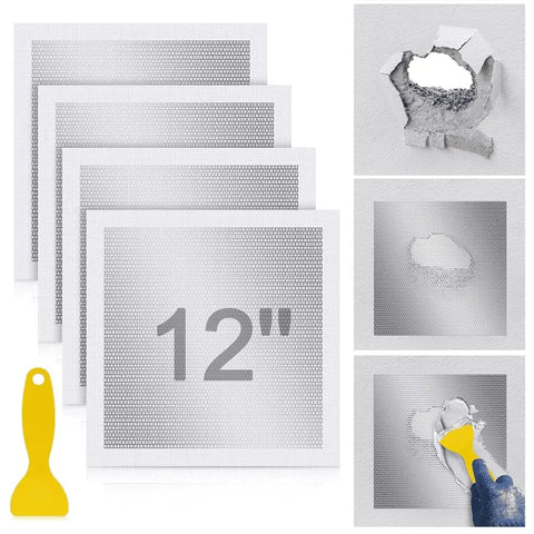 4 Pack 12-Inch By 12-Inch Drywall Repair Patches With Scraper Self-Adhesive Wall Patch Kit for Easy DIY Home Repairs shown with scraper and installation stages.