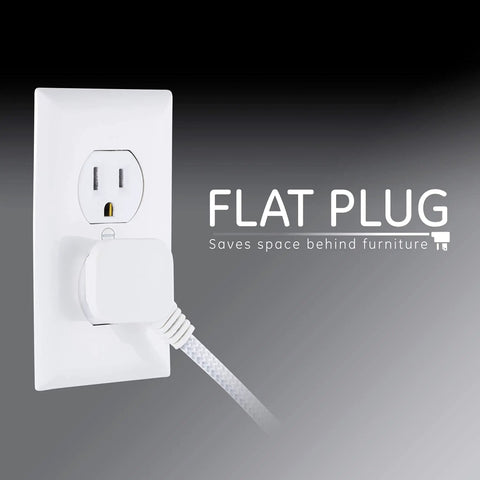 6 Foot Braided Extension Cord With 3 Outlets And 2 Prong Outlets Flat Plug Tangle Free Cable in wall outlet, gray and white.