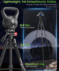 74 Inch Lightweight Camera Tripod For Mirrorless DSLR Phone And Camcorder Aluminum Stand shown extended with weight capacity details.