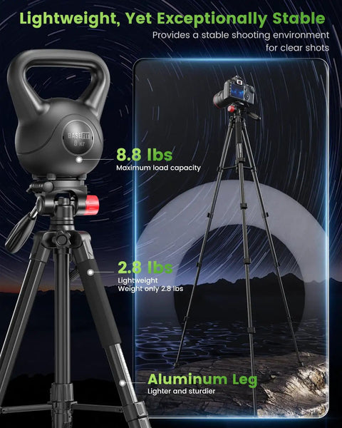 74 Inch Lightweight Camera Tripod For Mirrorless DSLR Phone And Camcorder Aluminum Stand shown extended with weight capacity details.