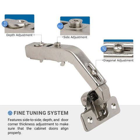Top Shelf 2 Pack Bi Fold Corner Lazy Susan Hinges With Self Closing Action And 135 Degree Sweep Nickel Plated, showcasing adjustment features.
