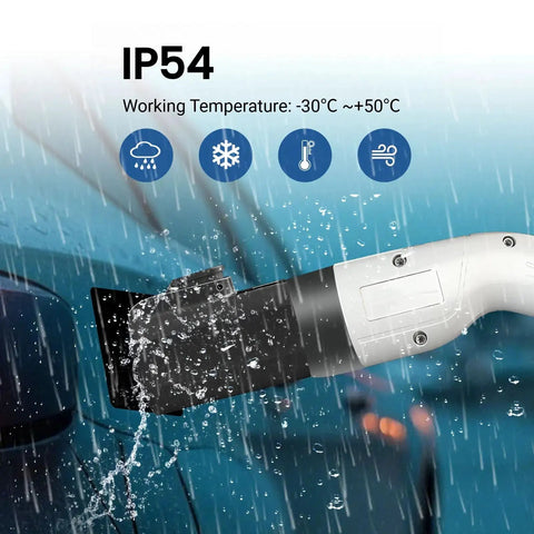 No Sweat Gb-T To Type-2 Ev Charging Adapter 32-Amp 3-Phase Ac Evse Charger with IP54 waterproof connector in rain.