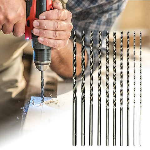 Person using drill with Extra Long 10 Piece HSS Drill Bit Set 150mm Straight Shank For Wood Plastic Aluminum 2mm 3mm 3.5mm 4mm 5mm