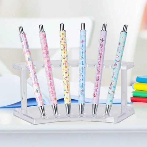 Colorful custom pens displayed in clear holder, perfect for Professional Grade Sublimation Pens Bulk Pack Ready For Heat Press Including Shrink Wrap Films Bright White Coating For Custom Markers And Dope Craft Creations Daily.