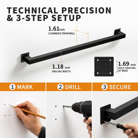 Hella Sturdy Indoor Stair Handrail 9 FT Modern Wrought Iron Railing With Dope Matte Black Powder Coated Finish Reinforced Square Design For Farmhouse Decor setup guide with measurements.