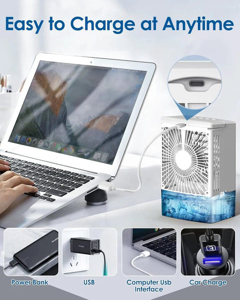 4 In 1 Portable Air Conditioner Unit With Humidifier And LED Night Light next to laptop showing charging options