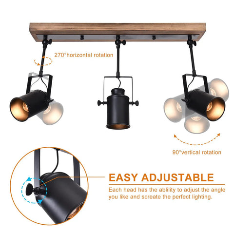 Three Light Farmhouse Track Lighting Fixture In Black Wood Finish With Industrial Adjustable Heads Ceiling Spotlight