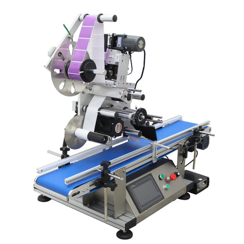 Industrial Grade Automatic Flat Surface Label Applicator With Touchscreen Control And Auto Photo Sensor view from left, showing blue conveyor and control panel.