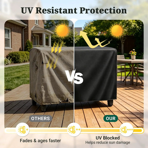 Comparison of worn vs. new Built To Last Heavy Duty Outdoor Prep Table Cover For Unity XL Portable Rolling Cart on a patio.